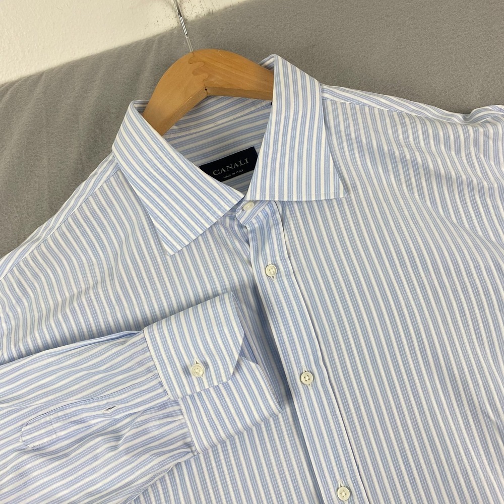 Canali mens Dress Shirt 45 17.75 17 3/4 oxford Long Sleeve Button Cotton Stripe